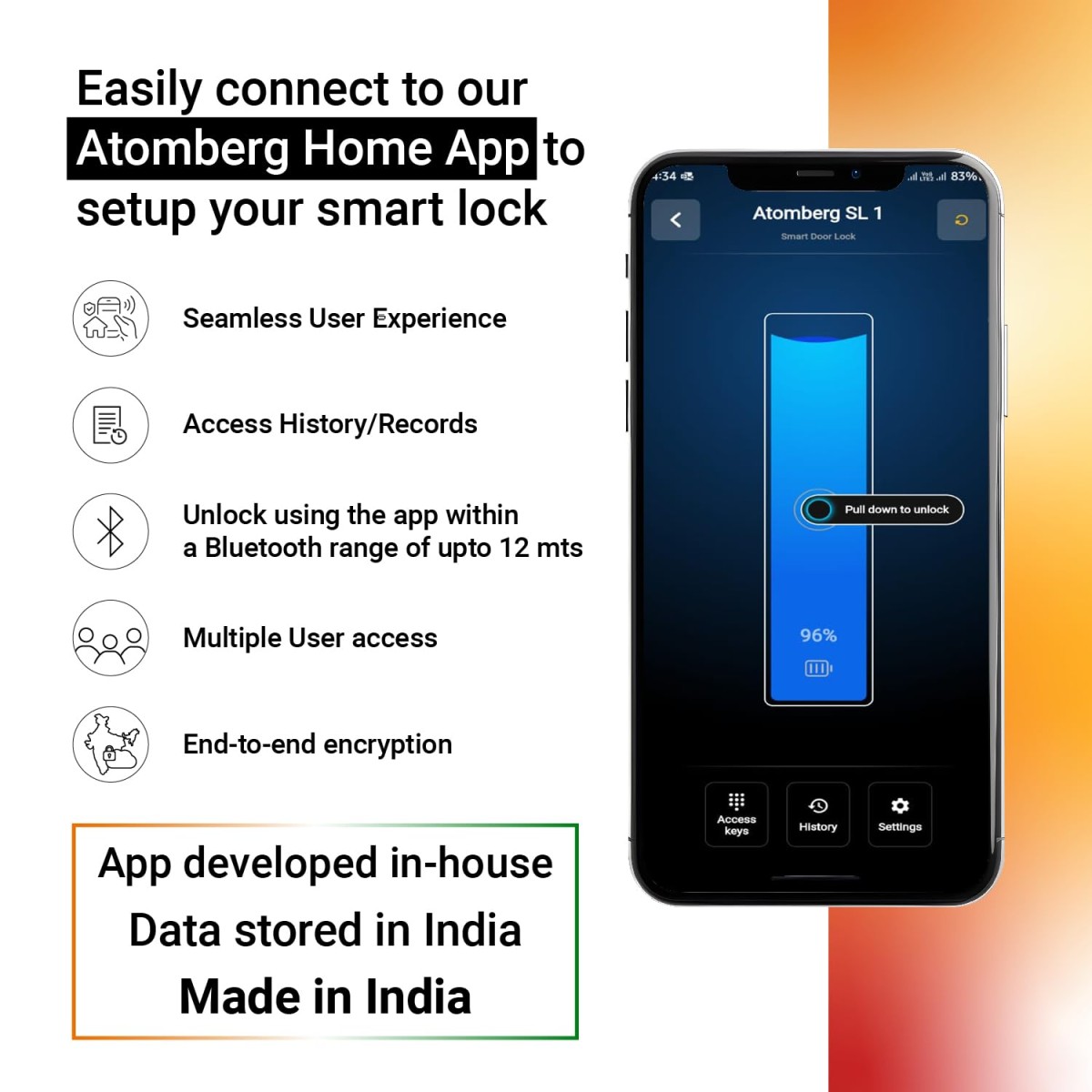 Atomberg SL 1 Smart Door Lock | 6 Ways Unlocking | Fingerprint | PIN | OTP | NFC Card | Atomberg Home App (Data Stored in India) | Key | 5 Stainless Steel Bolt | 2 Year Warranty by Atomberg (Black)