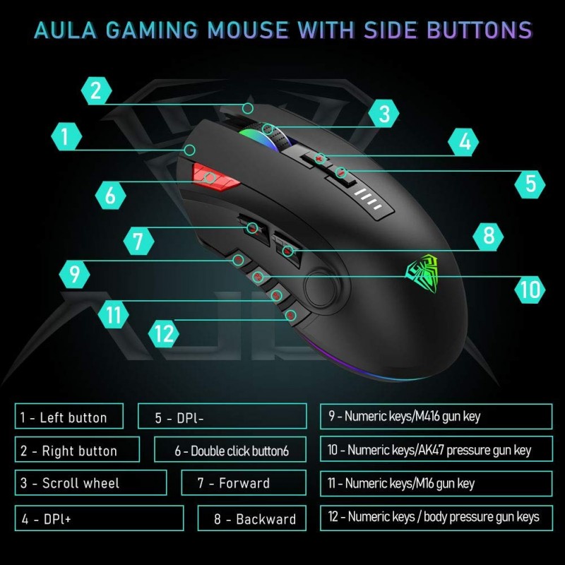 Aula F812 Wired Gaming Mouse, Macro - Hexagonal Computer Mice with RGB Backlit |7 Customized Marco Keys with Light Effect, Adjustable 4800 DPI Optical Sensor (Black)
