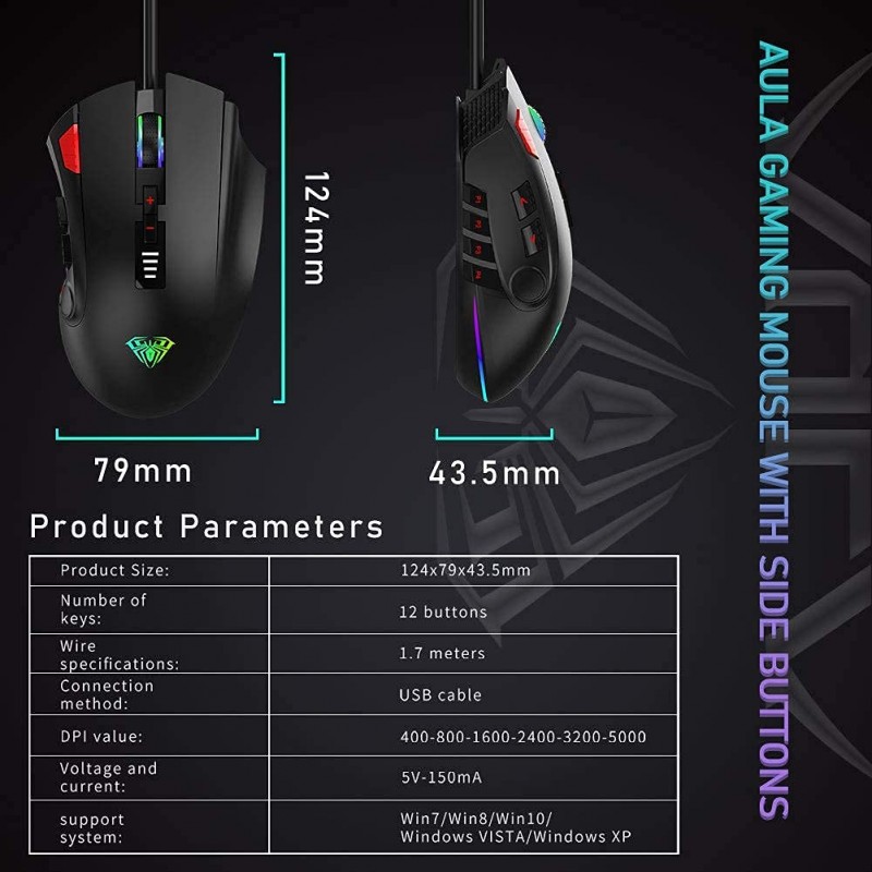 Aula F812 Wired Gaming Mouse, Macro - Hexagonal Computer Mice with RGB Backlit |7 Customized Marco Keys with Light Effect, Adjustable 4800 DPI Optical Sensor (Black)