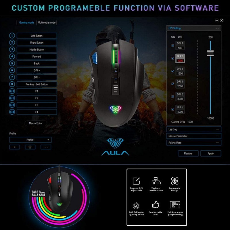 Aula F812 Wired Gaming Mouse, Macro - Hexagonal Computer Mice with RGB Backlit |7 Customized Marco Keys with Light Effect, Adjustable 4800 DPI Optical Sensor (Black)