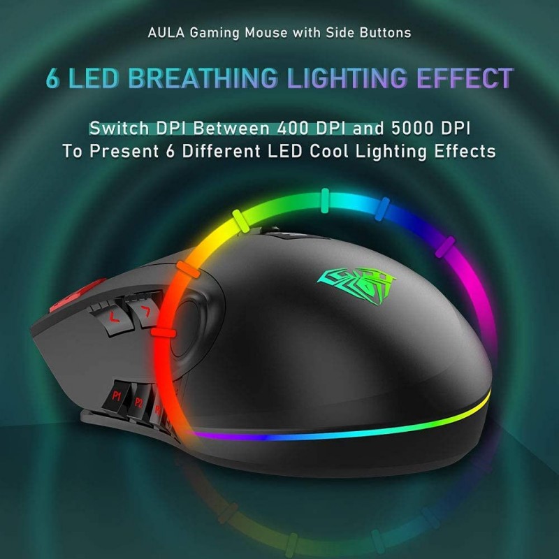 Aula F812 Wired Gaming Mouse, Macro - Hexagonal Computer Mice with RGB Backlit |7 Customized Marco Keys with Light Effect, Adjustable 4800 DPI Optical Sensor (Black)