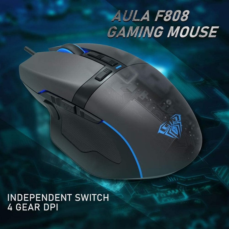 Aula F812 Wired Gaming Mouse, Macro - Hexagonal Computer Mice with RGB Backlit |7 Customized Marco Keys with Light Effect, Adjustable 4800 DPI Optical Sensor (Black)