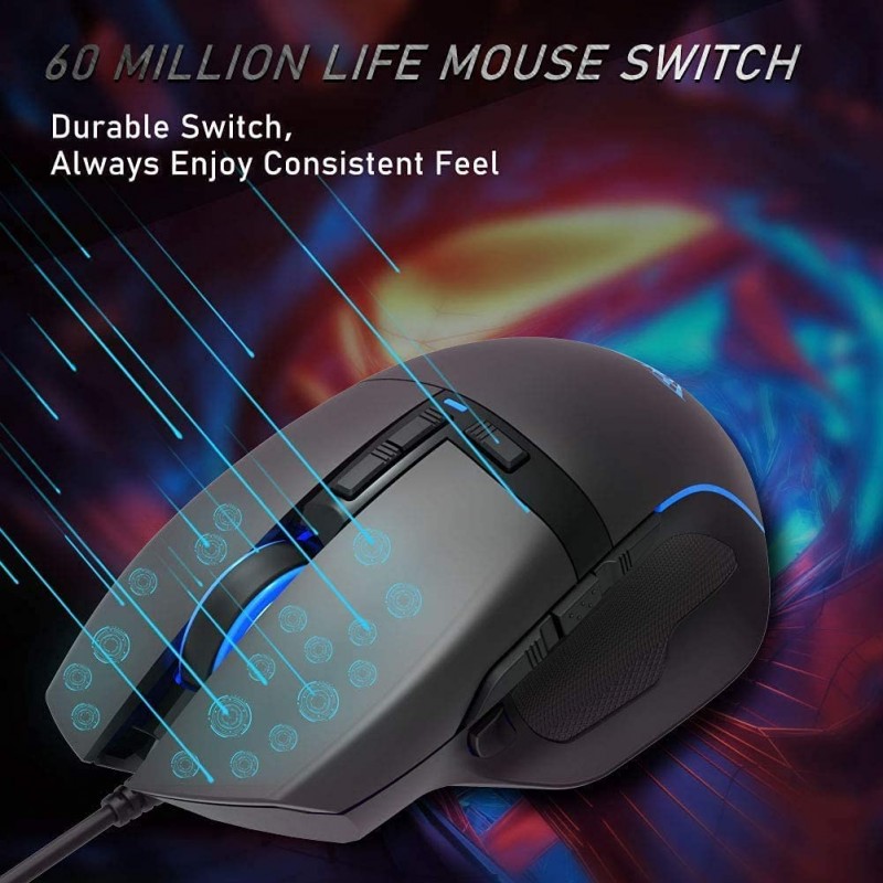 Aula F812 Wired Gaming Mouse, Macro - Hexagonal Computer Mice with RGB Backlit |7 Customized Marco Keys with Light Effect, Adjustable 4800 DPI Optical Sensor (Black)