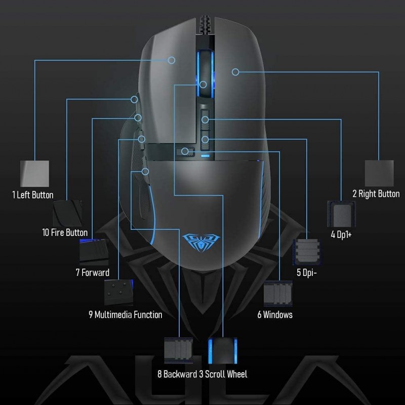 Aula F812 Wired Gaming Mouse, Macro - Hexagonal Computer Mice with RGB Backlit |7 Customized Marco Keys with Light Effect, Adjustable 4800 DPI Optical Sensor (Black)