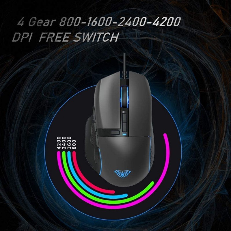 Aula F812 Wired Gaming Mouse, Macro - Hexagonal Computer Mice with RGB Backlit |7 Customized Marco Keys with Light Effect, Adjustable 4800 DPI Optical Sensor (Black)