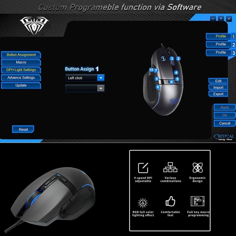 Aula F812 Wired Gaming Mouse, Macro - Hexagonal Computer Mice with RGB Backlit |7 Customized Marco Keys with Light Effect, Adjustable 4800 DPI Optical Sensor (Black)