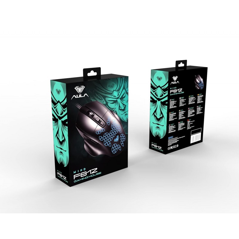 Aula F812 Wired Gaming Mouse, Macro - Hexagonal Computer Mice with RGB Backlit |7 Customized Marco Keys with Light Effect, Adjustable 4800 DPI Optical Sensor (Black)