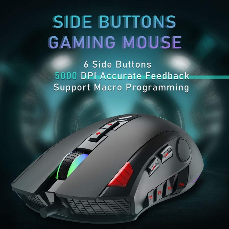 Aula F812 Wired Gaming Mouse, Macro - Hexagonal Computer Mice with RGB Backlit |7 Customized Marco Keys with Light Effect, Adjustable 4800 DPI Optical Sensor (Black)