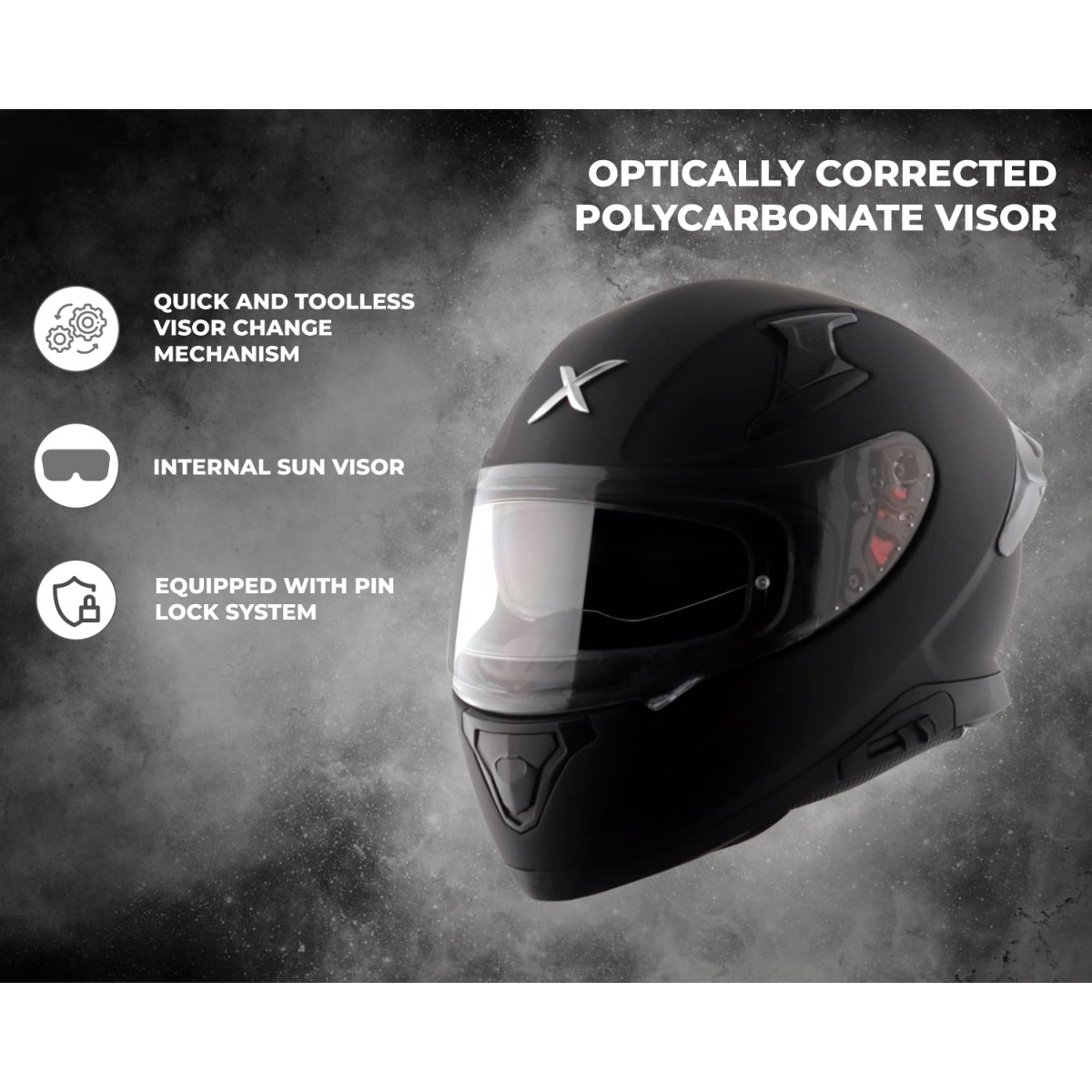 Axor Apex Solid ISI ECE DOT Certified Matt Black Full Face Dual Visor Helmet for Men and Women with Pinlock Fitted Outer Clear Visor and Inner Smoke Sun Visor Dull Black(L)