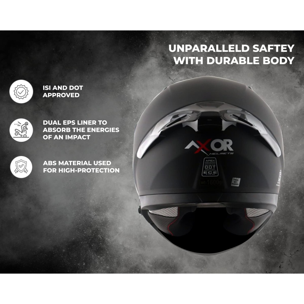 Axor Apex Solid ISI ECE DOT Certified Matt Black Full Face Dual Visor Helmet for Men and Women with Pinlock Fitted Outer Clear Visor and Inner Smoke Sun Visor Dull Black(L)