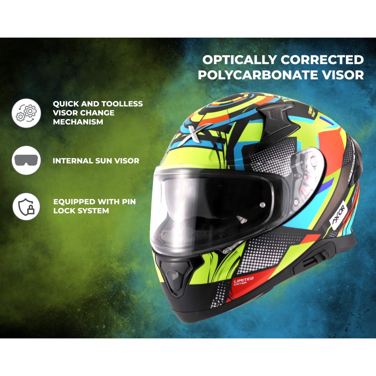 Axor Apex Vivid Dull Black Neon Yellow Helmet Motorbike Helmet -XL