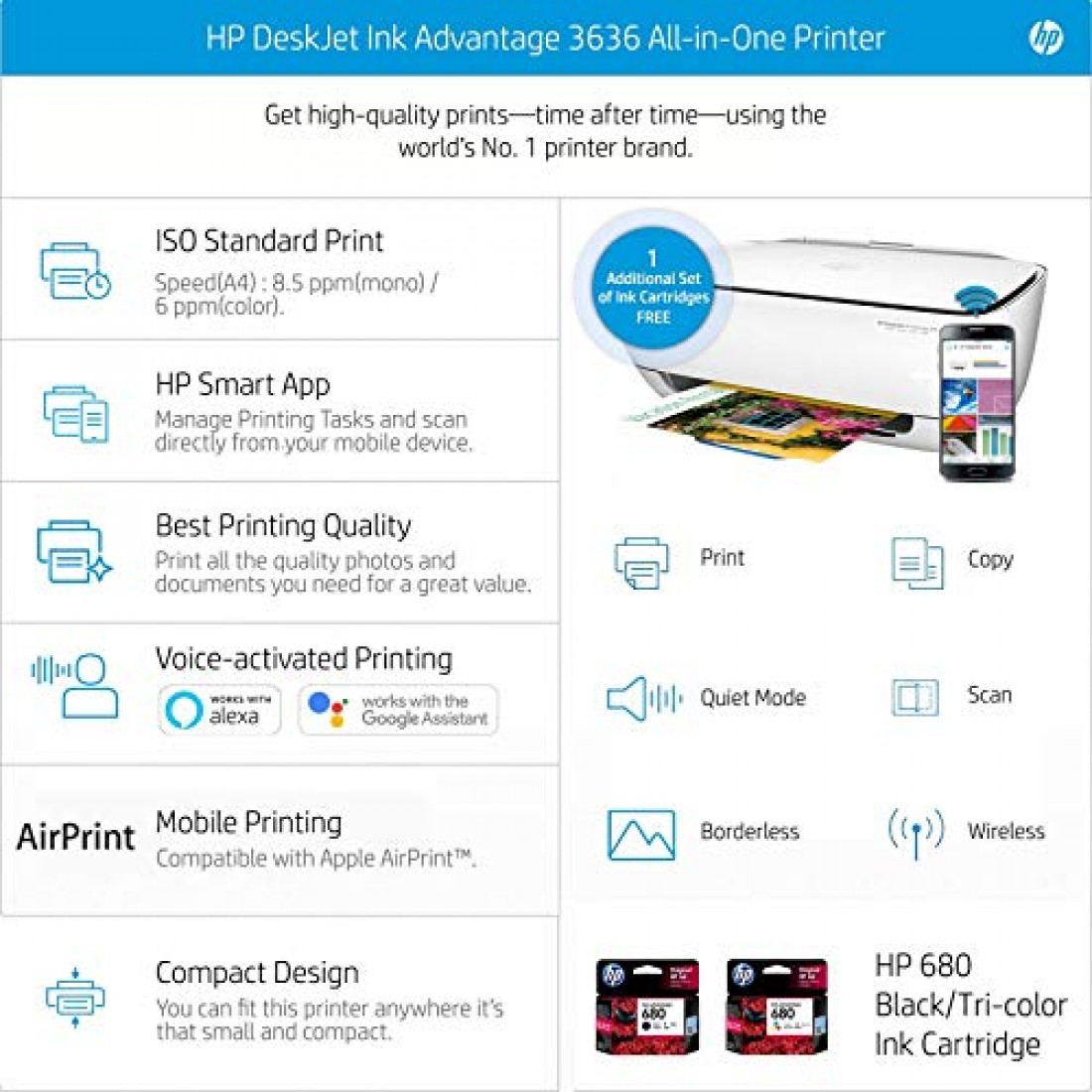 Hp Deskjet 3636 All In One Ink Advantage Wireless Colour Printer With Voice Activated Function 2527