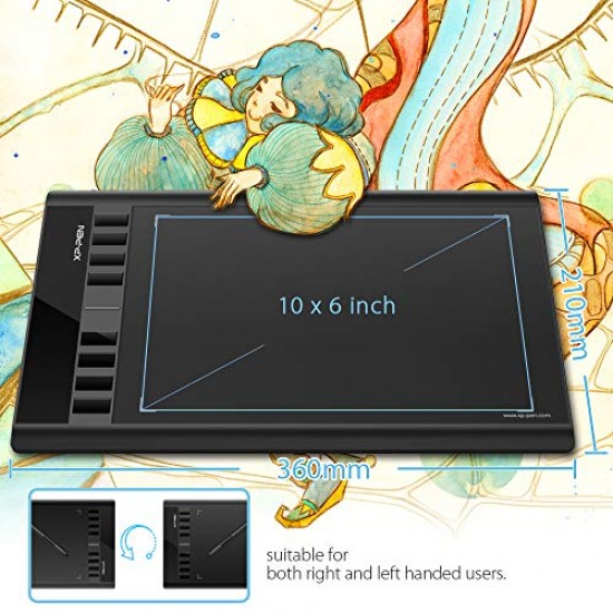 XP-Pen Star03 V2 8192 Levels of Pressure Sensitivity, Battery-Free Stylus, 8 Shortcut Keys and 8 nibs Graphics Drawing Tablet Pen (10 x6  Size)