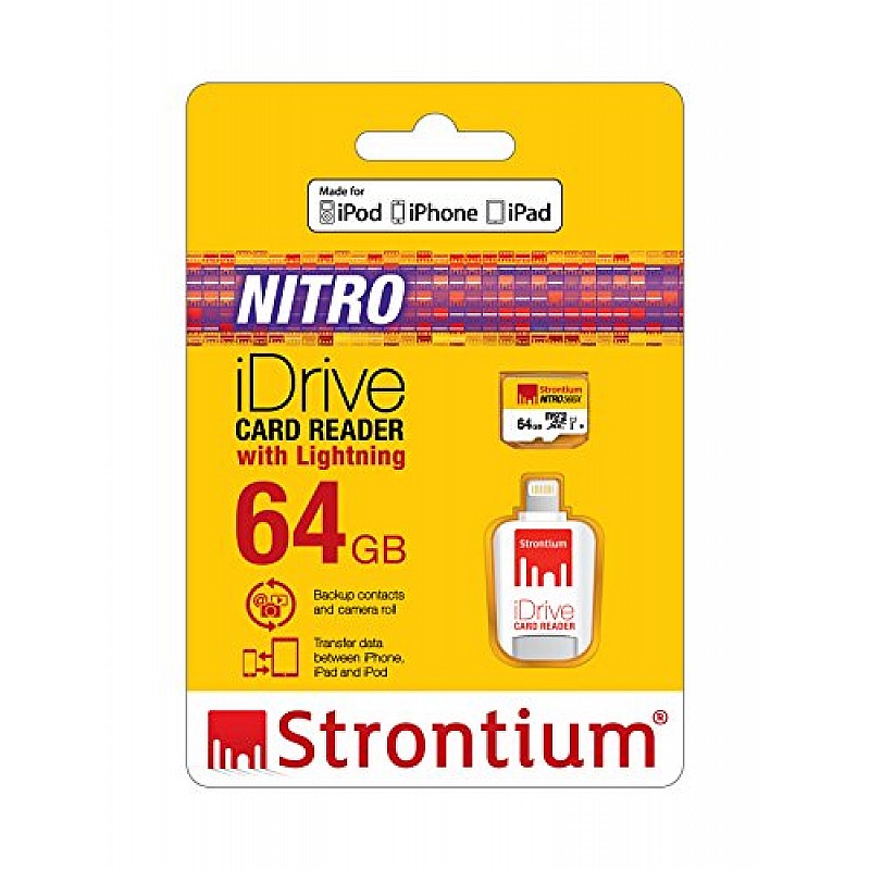 Strontium Nitro iDrive Card Reader (White) with Strontium Nitro 64GB UHS-I Class 10 MicroSD Card 