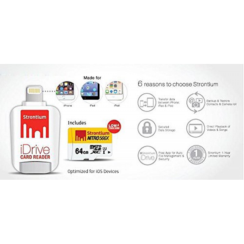 Strontium Nitro iDrive Card Reader (White) with Strontium Nitro 64GB UHS-I Class 10 MicroSD Card 