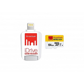 Strontium Nitro iDrive Card Reader (White) with Strontium Nitro 64GB UHS-I Class 10 MicroSD Card 