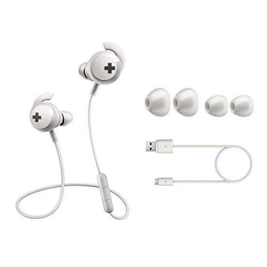 Philips SHB4305WT BASS+ Wireless Bluetooth Headphones Built-in Mic with Echo Cancellation (White)