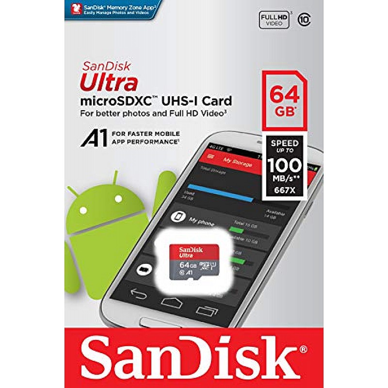 SanDisk 64GB Class 10 microSDXC Memory Card with Adapter (SDSQUAR-064G-GN6MA)