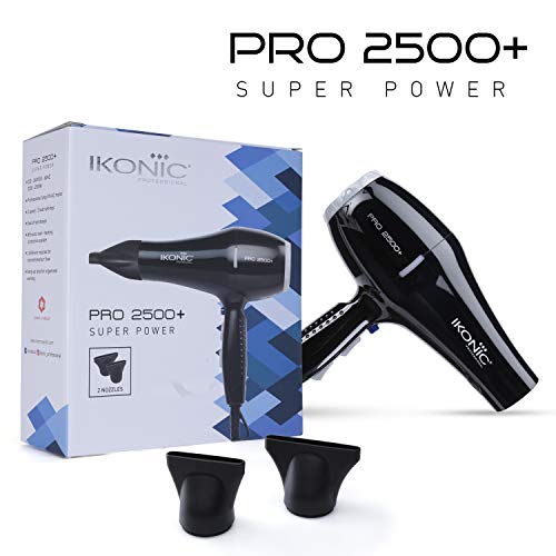 Ikonic 2500+ Professional Hair Dryer, Black, 2500W with Powerful AC motor, 2 speed and 3 heat settings with Cool shot, 2 Interchangeable Nozzles, Hang up loop, Control Frizz, All Hair Type Ikonic 2500+ Professional Hair Dryer, Black, 2500W with Powerful AC motor, 2 speed and 3 heat settings with Cool shot, 2 Interchangeable Nozzles, Hang up loop, Control Frizz, All Hair Type
