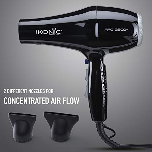 Ikonic 2500+ Professional Hair Dryer, Black, 2500W with Powerful AC motor, 2 speed and 3 heat settings with Cool shot, 2 Interchangeable Nozzles, Hang up loop, Control Frizz, All Hair Type Ikonic 2500+ Professional Hair Dryer, Black, 2500W with Powerful AC motor, 2 speed and 3 heat settings with Cool shot, 2 Interchangeable Nozzles, Hang up loop, Control Frizz, All Hair Type