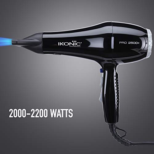 Ikonic 2500+ Professional Hair Dryer, Black, 2500W with Powerful AC motor, 2 speed and 3 heat settings with Cool shot, 2 Interchangeable Nozzles, Hang up loop, Control Frizz, All Hair Type Ikonic 2500+ Professional Hair Dryer, Black, 2500W with Powerful AC motor, 2 speed and 3 heat settings with Cool shot, 2 Interchangeable Nozzles, Hang up loop, Control Frizz, All Hair Type