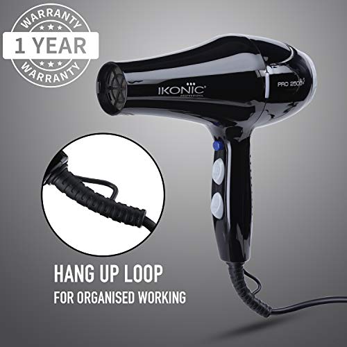 Ikonic 2500+ Professional Hair Dryer, Black, 2500W with Powerful AC motor, 2 speed and 3 heat settings with Cool shot, 2 Interchangeable Nozzles, Hang up loop, Control Frizz, All Hair Type Ikonic 2500+ Professional Hair Dryer, Black, 2500W with Powerful AC motor, 2 speed and 3 heat settings with Cool shot, 2 Interchangeable Nozzles, Hang up loop, Control Frizz, All Hair Type
