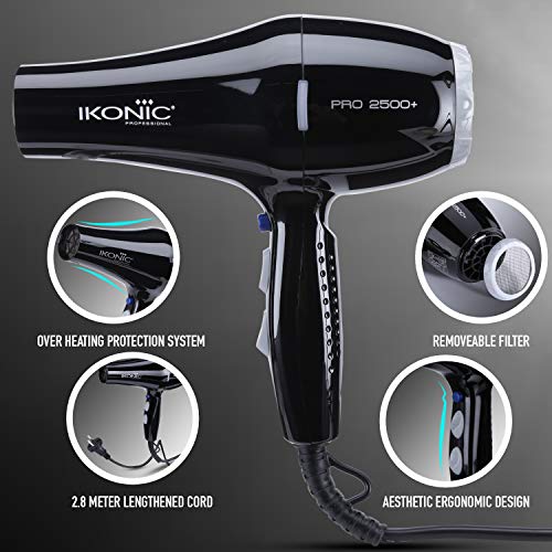 Ikonic 2500+ Professional Hair Dryer, Black, 2500W with Powerful AC motor, 2 speed and 3 heat settings with Cool shot, 2 Interchangeable Nozzles, Hang up loop, Control Frizz, All Hair Type Ikonic 2500+ Professional Hair Dryer, Black, 2500W with Powerful AC motor, 2 speed and 3 heat settings with Cool shot, 2 Interchangeable Nozzles, Hang up loop, Control Frizz, All Hair Type