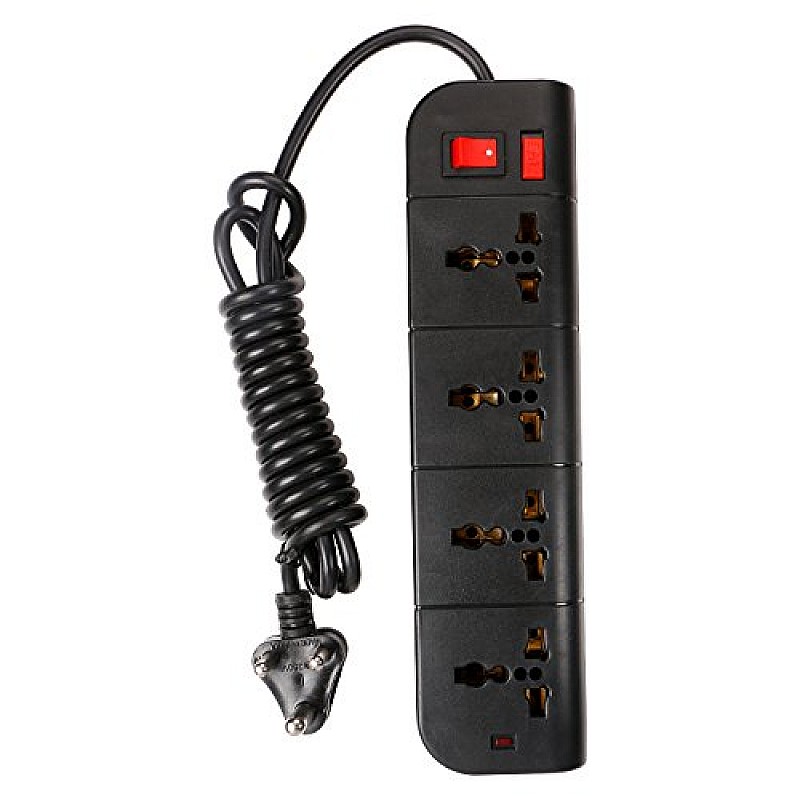 Live Tech PS07 Power Strip with 4 Sockets Rust Free, 6ft (1.8 Meter) Extension Cord 3 Pin Plug Spike Guard ABS Virgin Plastic Material (Black) 