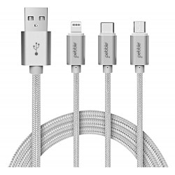 Pebble PNC311S 3 in 1 Nylon Braided Charging Cable with Type C, iOS and Micro USB - (1 Meters) - (Silver)