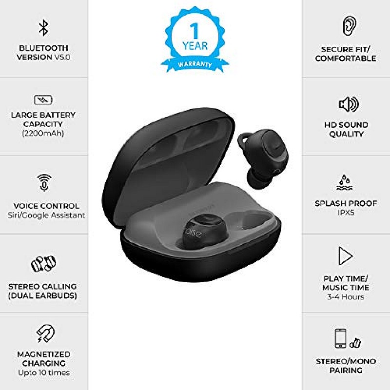 Noise Shots X5 Charge True Wireless Earphones with 2200mah Charging Case (Midnight Grey)