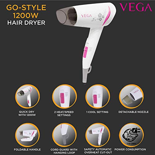 VEGA Go Style 1200 Hair Dryer (VHDH-18), White VEGA Go Style 1200 Hair Dryer (VHDH-18), White