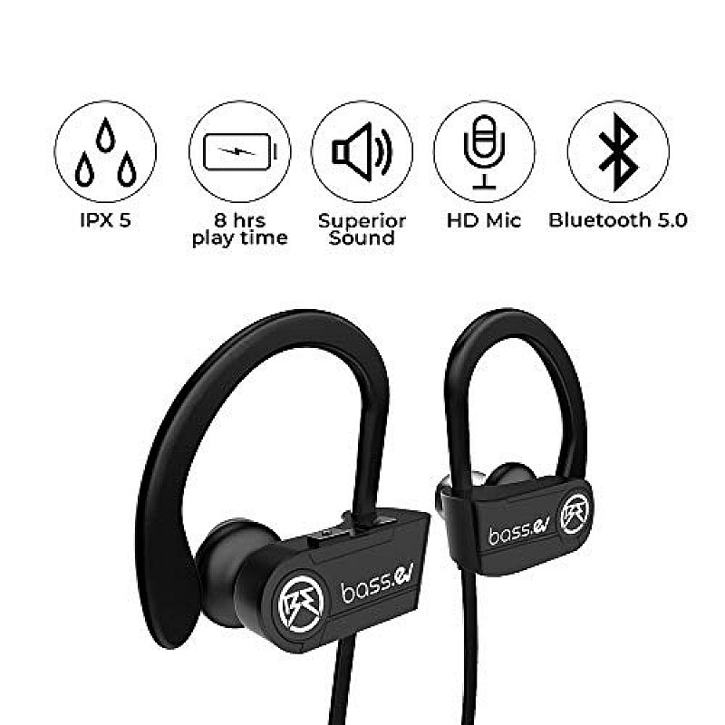 Bass Evolution 2019 Design Hexa Bluetooth 5.0 Wireless Sports Earphones with Mic, IPX5 Sweatproof (Black)