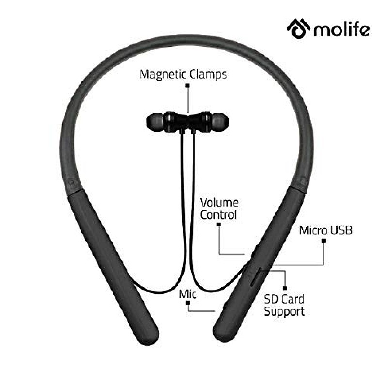 Molife Boomerang Wireless Sports Neckband Bluetooth in-Ear Earphones with Mic (Black)