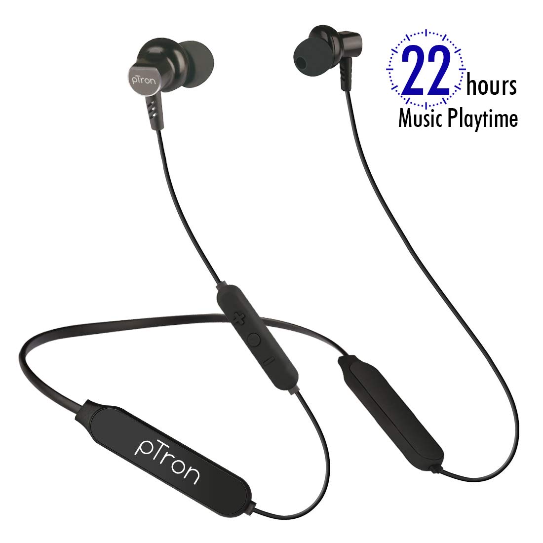pTron Zap Magnetic in-Ear Wireless Bluetooth Headphones, 22 Hours Music Time & Built-in Mic - (Black)