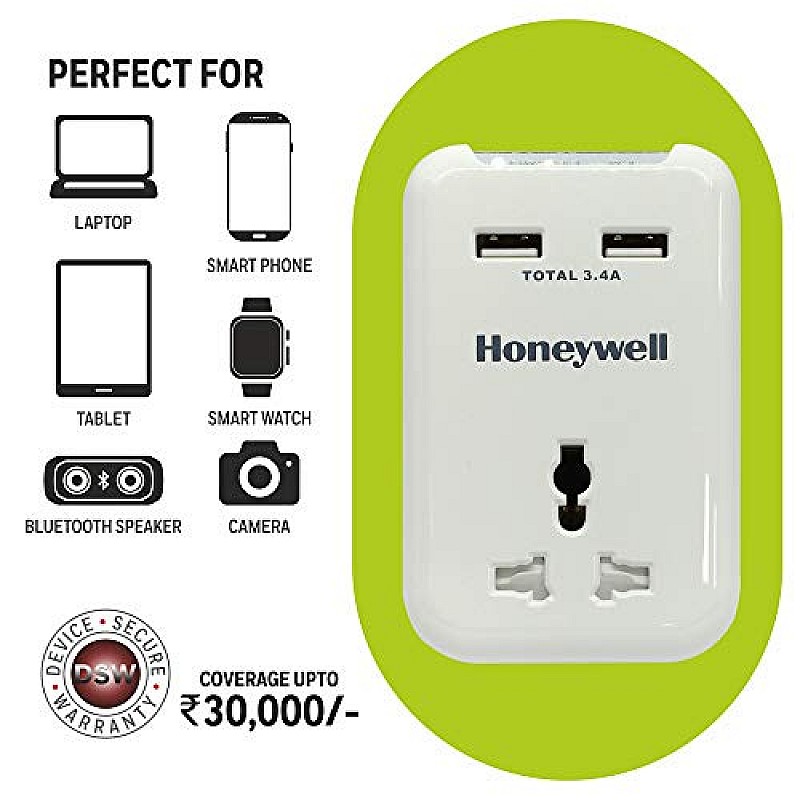 Honeywell Travel Surge Single Socket with 2 X USB Platinum