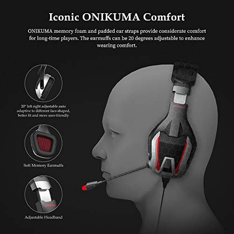 ONIKUMA K12 Stereo Gaming Headset with Mic, Controls and LED light for PC, PS4, Xbox and Mobiles (Black/Red)