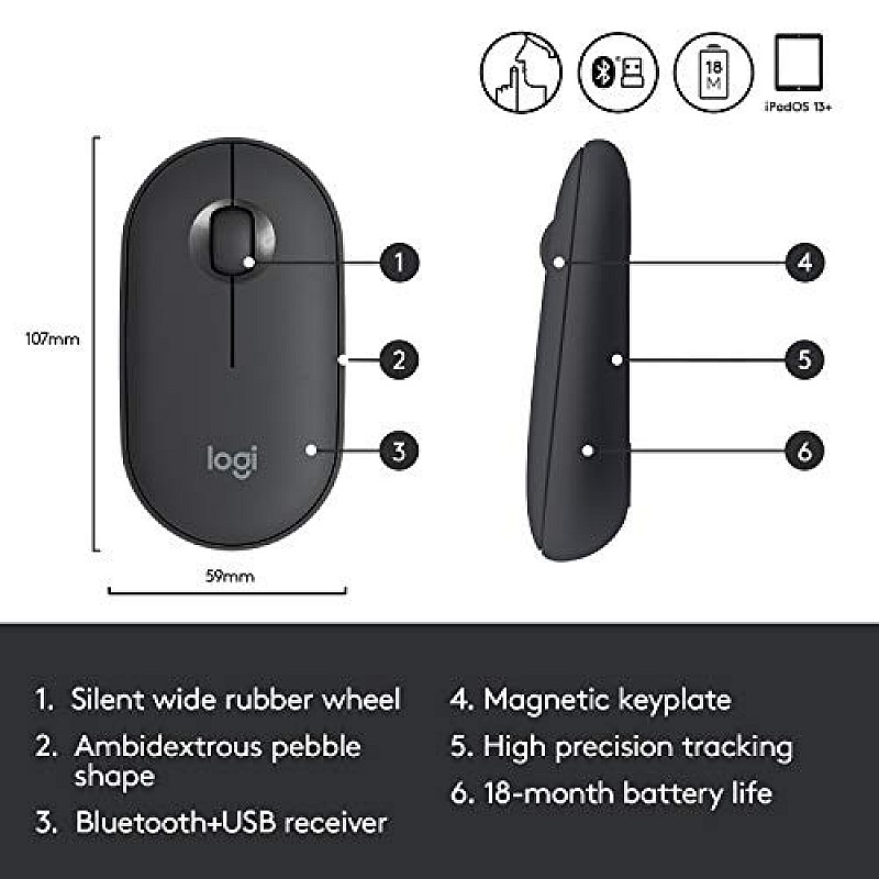 Logitech Pebble M350  Silent Buttons  Wireless Optical Mouse with Bluetooth Graphite (Grey)