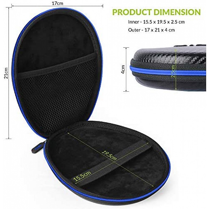 Gizga Essentials G33 Headphone Case Hard Carbon Fibre Cover for Large & Over Sized Bluetooth Headphone (Green Zip)