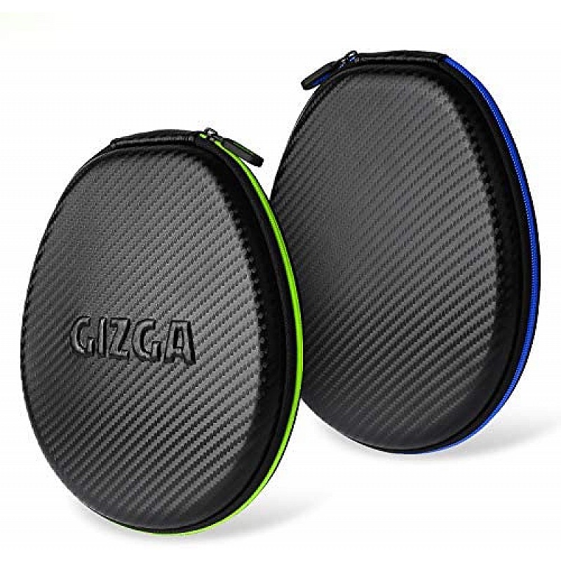 Gizga Essentials G33 Headphone Case Hard Carbon Fibre Cover for Large & Over Sized Bluetooth Headphone (Green Zip)