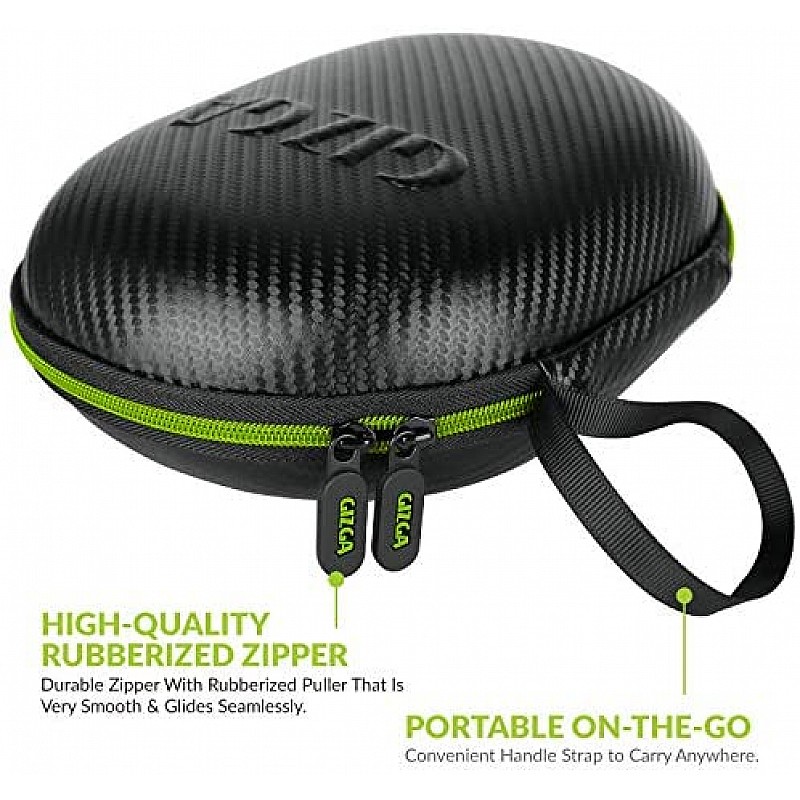 Gizga Essentials G33 Headphone Case Hard Carbon Fibre Cover for Large & Over Sized Bluetooth Headphone (Green Zip)