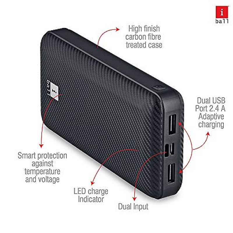 iBall 20000 mAh Powerbank IB-20000LP, Sturdy Dual USB Output, Black