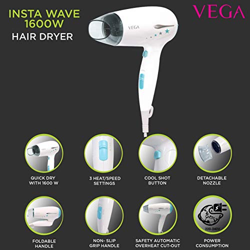 VEGA Insta Wave 1600 Hair Dryer (VHDH-22), White VEGA Insta Wave 1600 Hair Dryer (VHDH-22), White