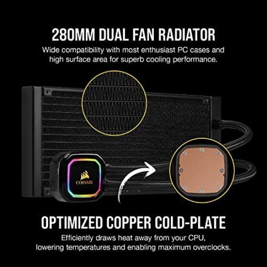 Corsair iCUE H115i RGB Pro XT, 280mm Radiator, Dual 140mm PWM Fans, Software Control, Liquid CPU Cooler
