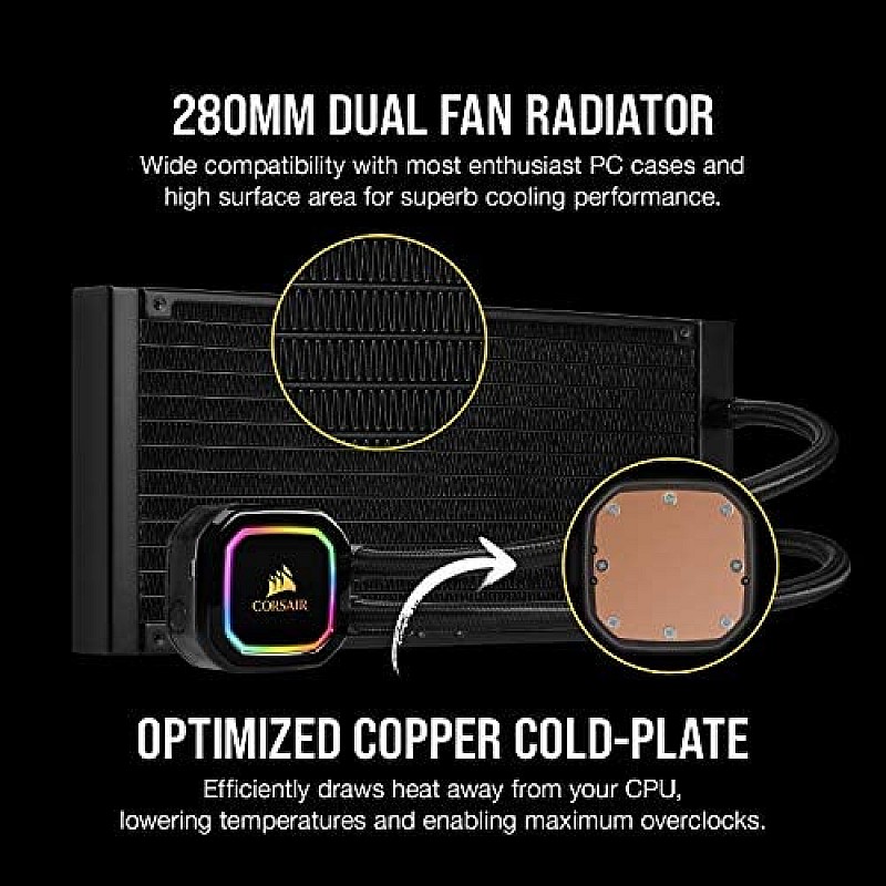 Corsair iCUE H115i RGB Pro XT, 280mm Radiator, Dual 140mm PWM Fans, Software Control, Liquid CPU Cooler 