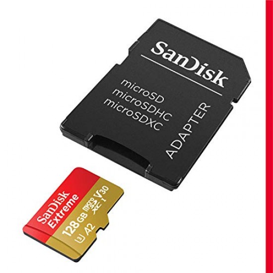 SanDisk Extreme uSD,160MB/s R, 90MB/s W,C10,UHS,U3,V30,A2, 128GB, for 4K Video on Smartphones, Action Cams & Drones
