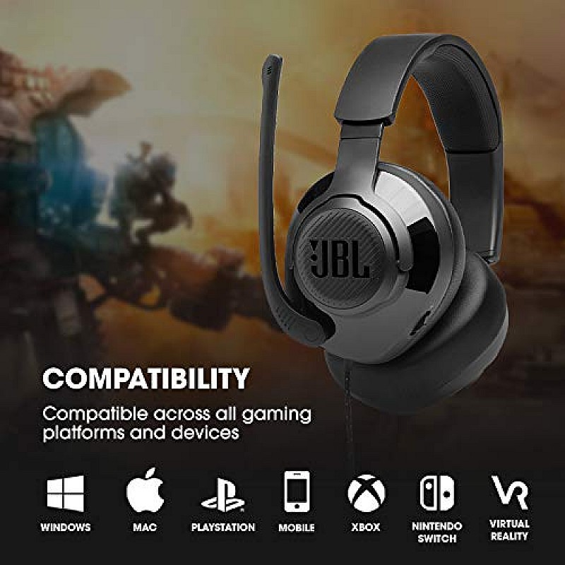 JBL Quantum 200 Wired Over-Ear Gaming Headset with Flip-up Mic (Black)