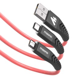 Maono UC202R 2-in-1 USB Type C and Micro USB Fast Charging Cable, Multi Charger Cord for Android Mobile Phones, 1.5m, Red