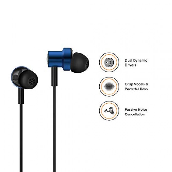 Mi Dual Driver in-Ear Earphones with Magnetic Earbuds, Passive Noise Cancellation, Tangle-Free Braided Cable (Blue)