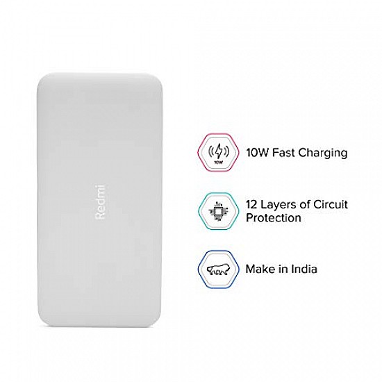 Redmi 10000mAh Lithium Polymer Power Bank with 10 Watt Fast Charging, (White)