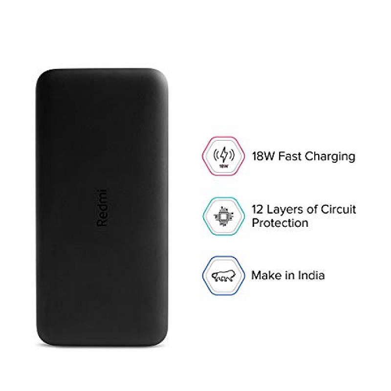 Redmi 20000mAh Li-Polymer Power Bank (Black), USB Type C and Micro USB Ports | 18W Fast Charging